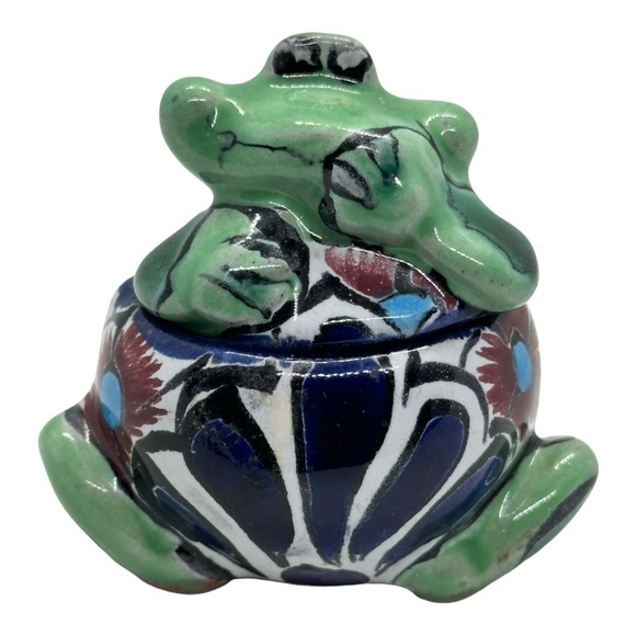 Mexican Folk Art Pottery Handmade & Handpainted Talavera Frog Trinket Box - Picture 6 of 12